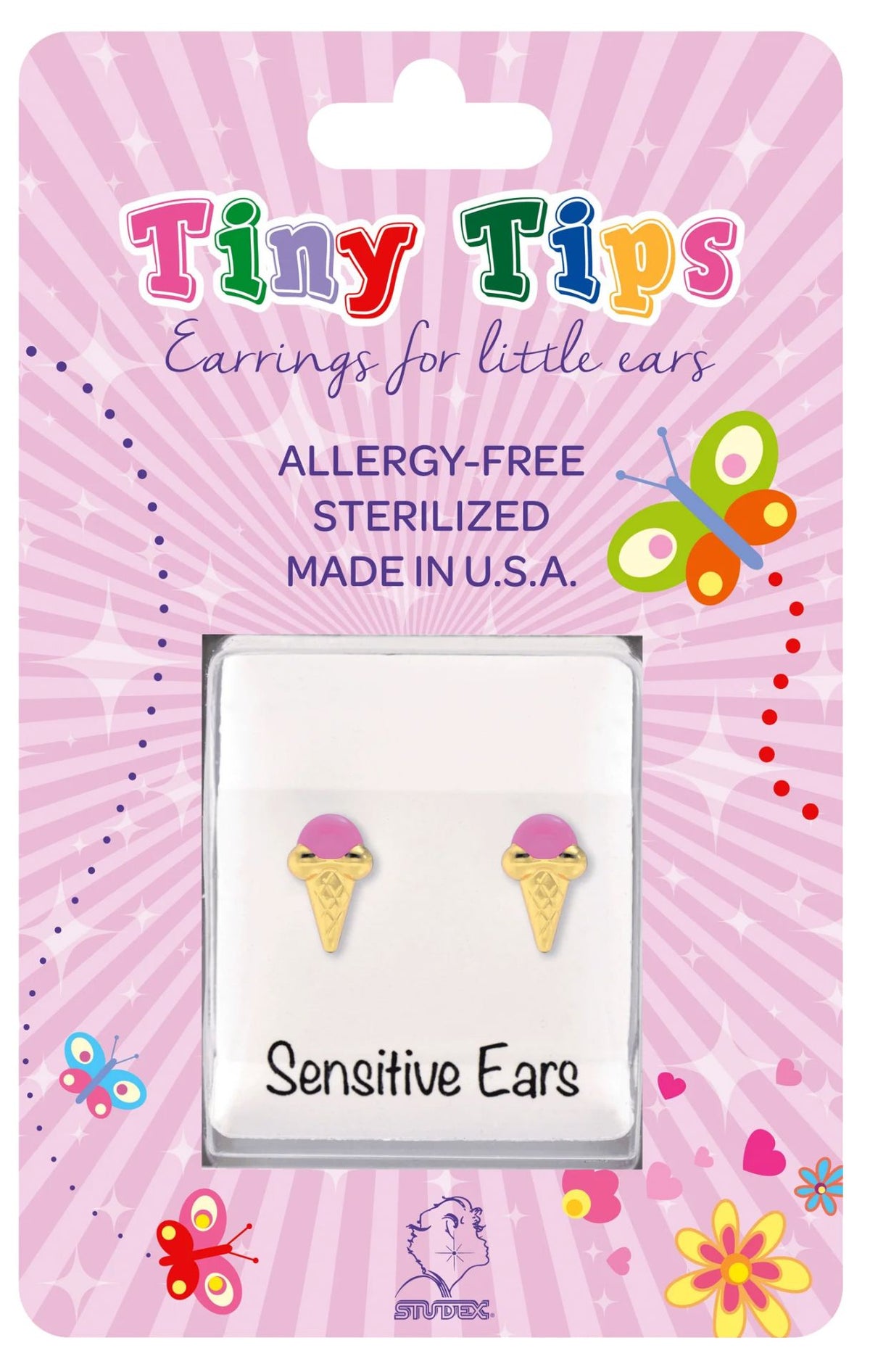 Studex Tiny Tips Stud Earrings Pink Ice Cream Cone for Little Ears