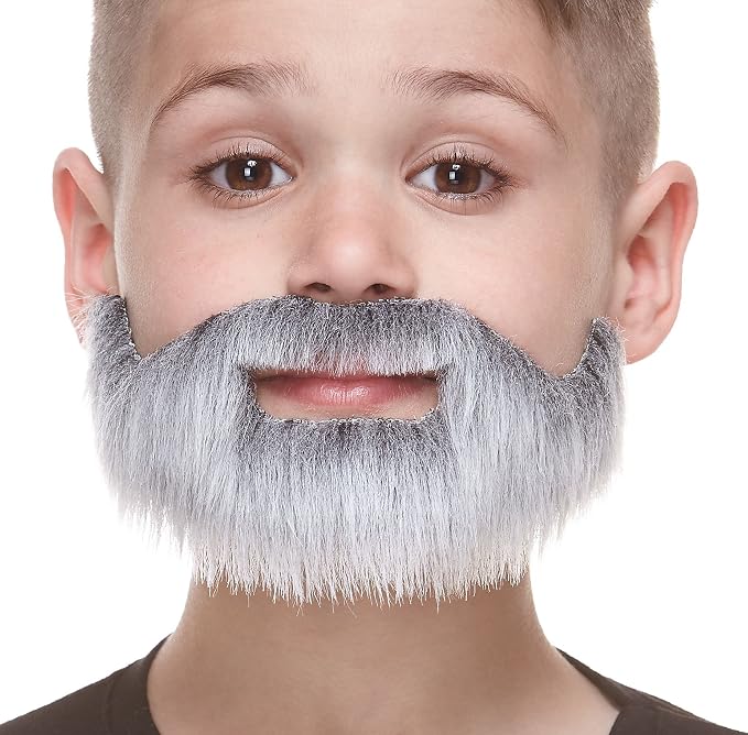 Short Boxed Fake Mustache & Beard for Kids Gray & White