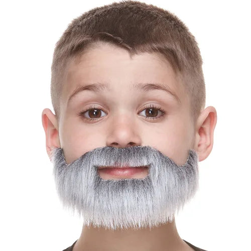 Short Boxed Fake Mustache & Beard for Kids Gray & White
