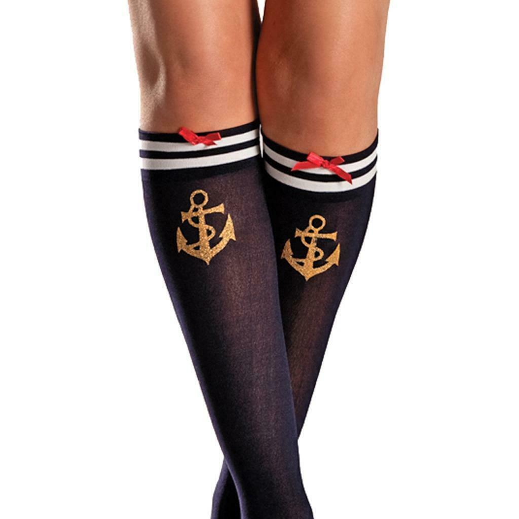 Buy Women's Sailor Knee Highs Stockings Socks Gold Anchor Satin Bow Navy for only $8.99 byRubies